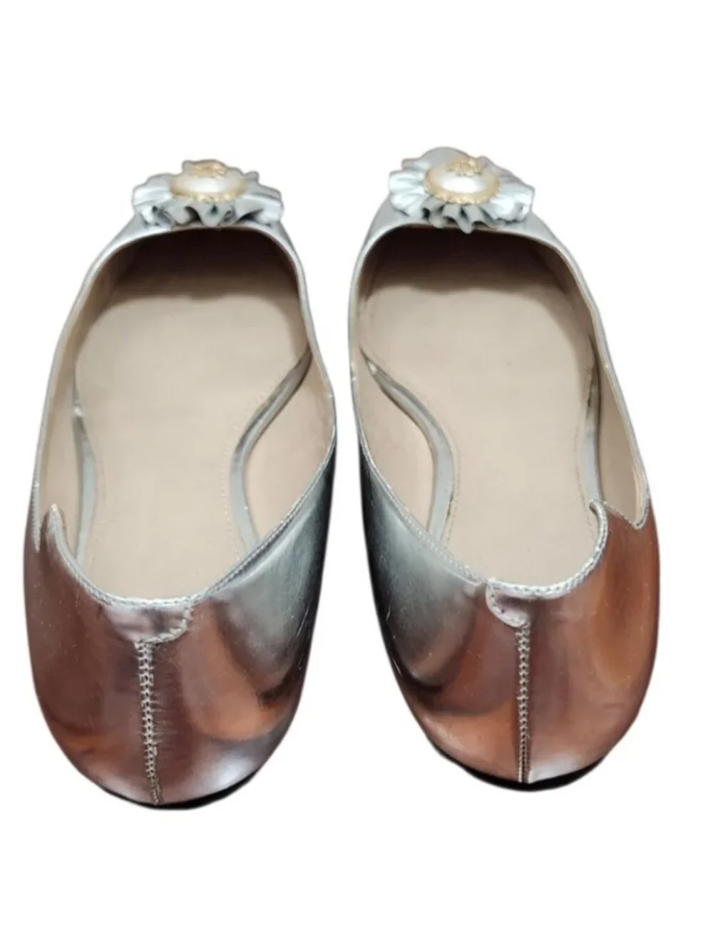 Tory Burch Silver Metallic Leather Pointed Toe Logo Ballet Flats Women's 10.5M